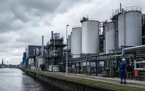 Fotorealistische Industrieanlage zeigt Chemiebranche von Akzo Nobel N.V. mit ISIN NL0013267909 an Amsterdamer Gracht - Foto: THN