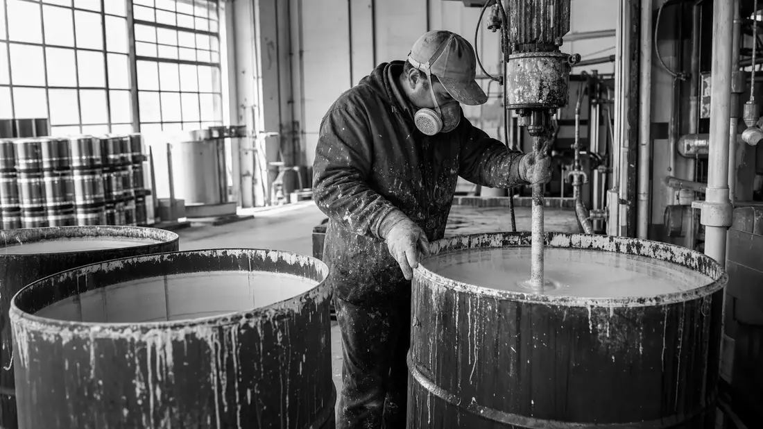 Schwarzweiß-Reportagefoto eines Arbeiters beim Farbmischen für Akzo Nobel N.V
