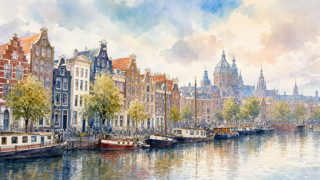 Aquarellbild der Amsterdamer Grachten nahe dem Sitz von Akzo Nobel N.V