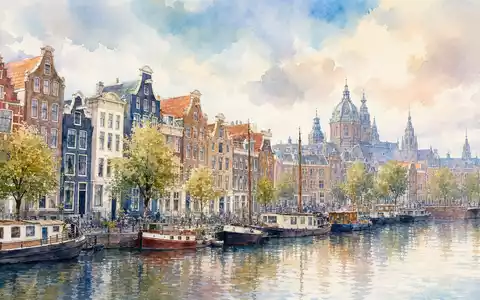 Aquarellmalerei zeigt Amsterdamer Gracht als Firmensitz-Umfeld von Akzo Nobel N.V., ISIN NL0013267909, in sanften Pastelltönen - Foto: THN