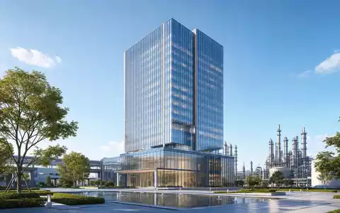 Architektur-Render zeigt moderne Konzernzentrale neben Chemieanlage, passend zu Akzo Nobel N.V., ISIN NL0013267909, in Amsterdam - Foto: THN