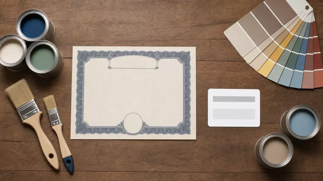 Flatlay mit Aktienzertifikat, Farbeimern und Farbmustern für Akzo Nobel N.V