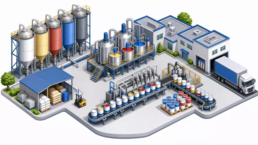 Isometrische 3D-Grafik der Produktionskette von Akzo Nobel N.V