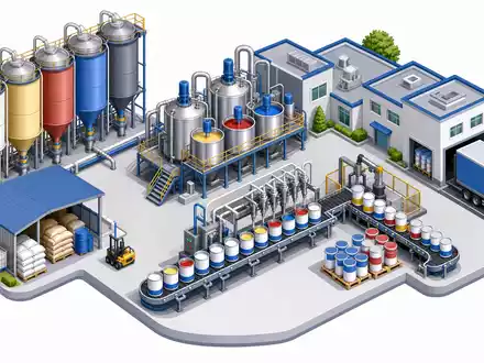 Isometrische 3D-Grafik visualisiert Wertschöpfungskette der Farbenproduktion von Akzo Nobel N.V., ISIN NL0013267909, anschaulich dargestellt - Foto: THN
