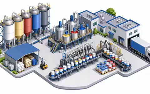 Isometrische 3D-Grafik visualisiert Wertschöpfungskette der Farbenproduktion von Akzo Nobel N.V., ISIN NL0013267909, anschaulich dargestellt - Foto: THN