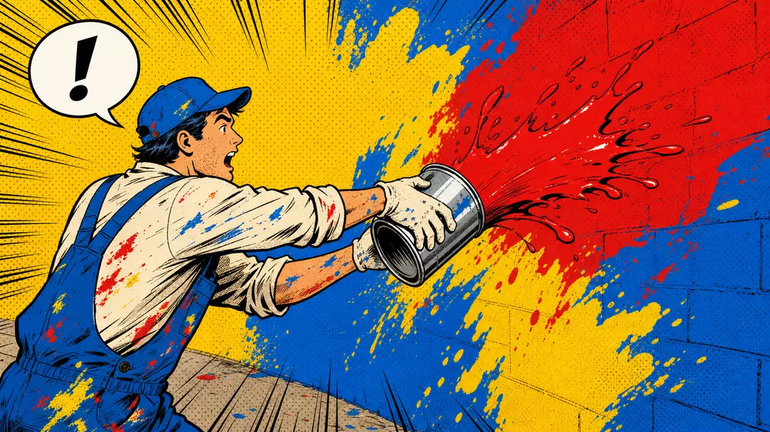 Pop-Art-Comicbild eines Malers mit spritzender Farbe, inspiriert von Akzo Nobel N.V