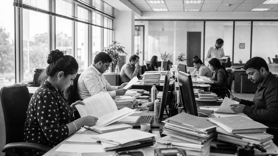 Schwarzweiß-Reportagefoto von Büroangestellten bei der Aktenprüfung am Schreibtisch
