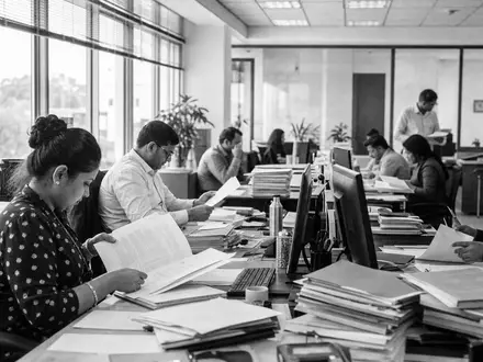 NN Group N.V. (ISIN NL0010773842) zeigt dokumentarisch Mitarbeitende bei Prüfung von Versicherungsunterlagen im Büro - Foto: THN