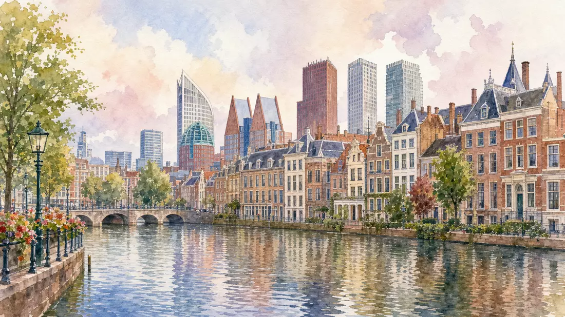 Zartes Aquarellbild der Grachten und Hochhaus-Skyline von Den Haag am Wasser