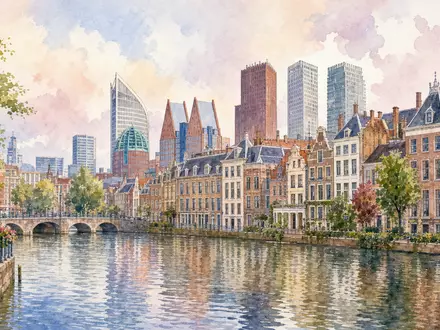 NN Group N.V. (ISIN NL0010773842) inspiriert dieses Aquarell der Kanäle und Skyline von Den Haag - Foto: THN