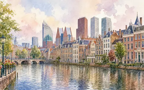 NN Group N.V. (ISIN NL0010773842) inspiriert dieses Aquarell der Kanäle und Skyline von Den Haag - Foto: THN