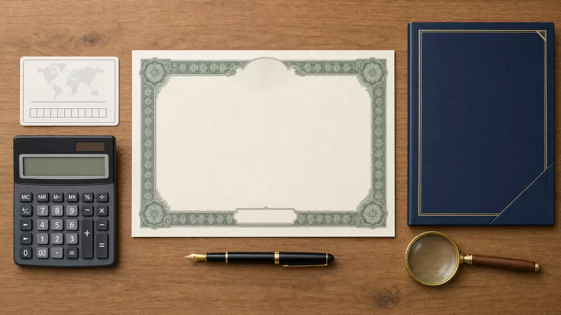 Flatlay mit Aktienzertifikat, ISIN-Karte, Füllfederhalter und Lupe auf Holztisch