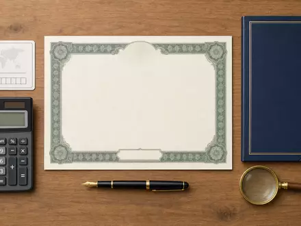 NN Group N.V. (ISIN NL0010773842) illustriert dieses Flatlay mit Aktienzertifikat, ISIN-Karte und Bürowerkzeugen - Foto: THN