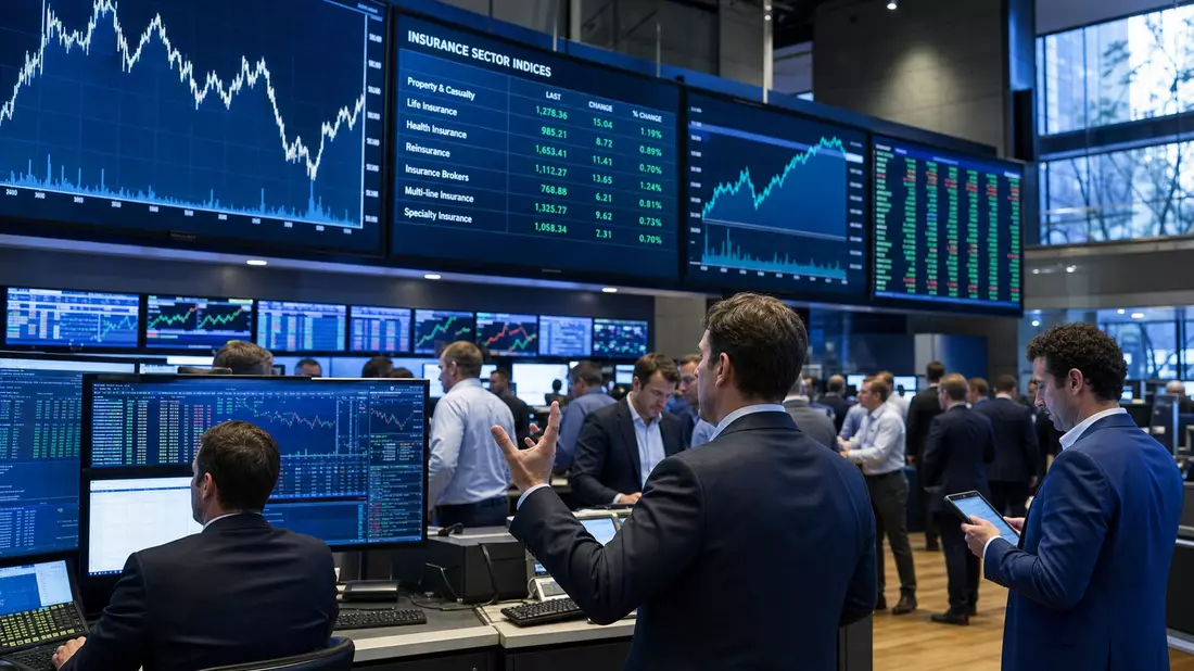 Trading-Floor der Amsterdamer Börse mit Bildschirmen und Versicherungssektor-Charts