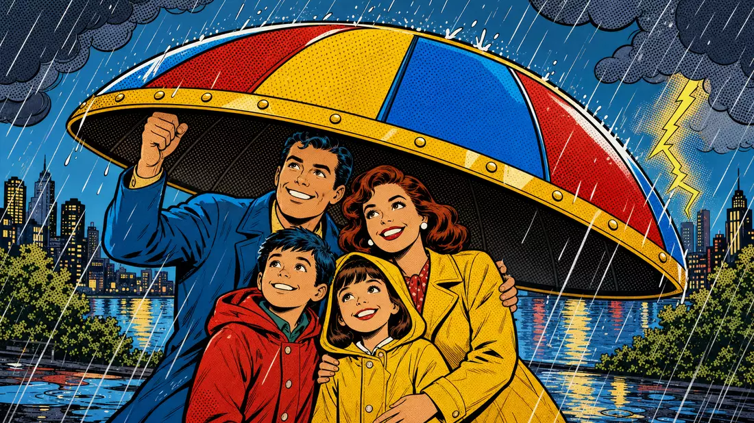 Pop-Art-Comic zeigt Familie unter buntem Riesenschirm im Regen mit Skyline