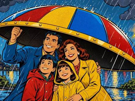 NN Group N.V. (ISIN NL0010773842) wird als bunte Pop-Art-Comic-Szene mit schützendem Regenschirm dargestellt - Foto: THN