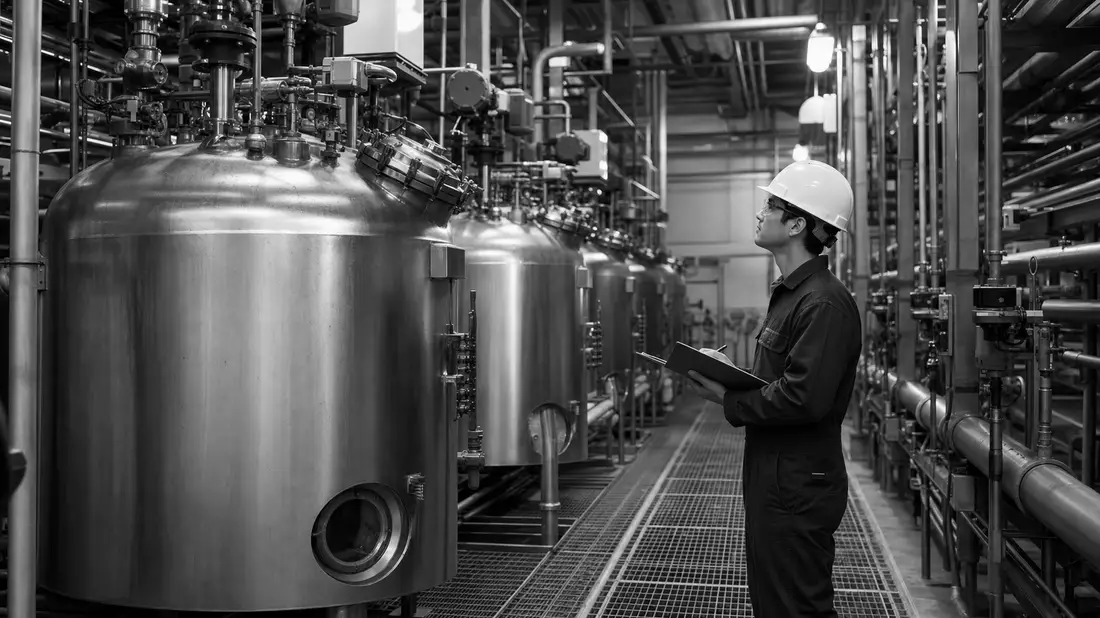 Schwarzweiß-Reportagefoto eines Ingenieurs an großen Bioreaktoren
