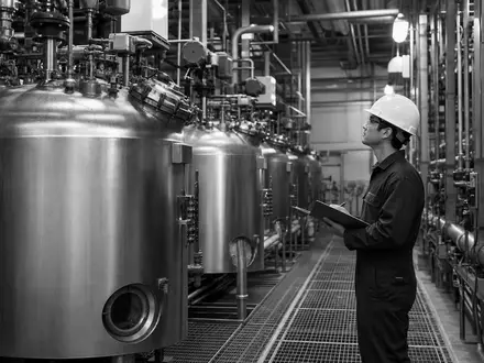 dsm-firmenich AG (ISIN CH1216478797) fertigt Vitamine und Enzyme in industriellen Bioreaktoren, dokumentarisch schwarzweiĂ fotografiert - Foto: THN