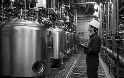 dsm-firmenich AG (ISIN CH1216478797) fertigt Vitamine und Enzyme in industriellen Bioreaktoren, dokumentarisch schwarzweiß fotografiert - Foto: THN