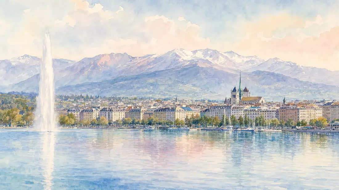 Aquarellmalerei der Genfer Seepromenade mit Alpenpanorama im Hintergrund