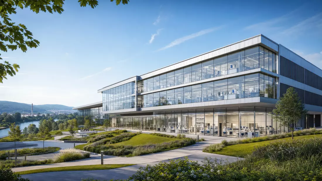 Architektur-Render eines gläsernen Forschungsgebäudes nahe Kaiseraugst