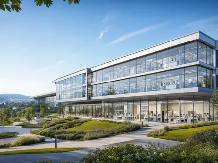 dsm-firmenich AG (ISIN CH1216478797) unterhält einen Forschungsstandort nahe Kaiseraugst, hier als modernes Architektur-Render gezeigt - Foto: THN