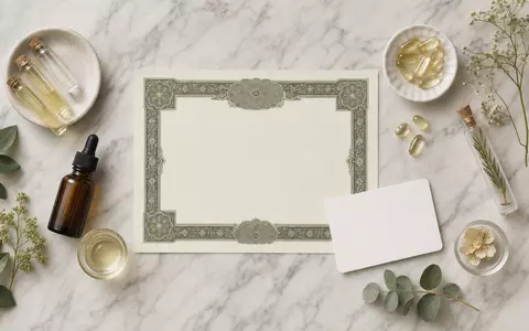dsm-firmenich AG (ISIN CH1216478797) inspiriert dieses Flatlay mit Aktienzertifikat, ISIN-Karte und Aromastoff-Fläschchen auf Marmor - Foto: THN