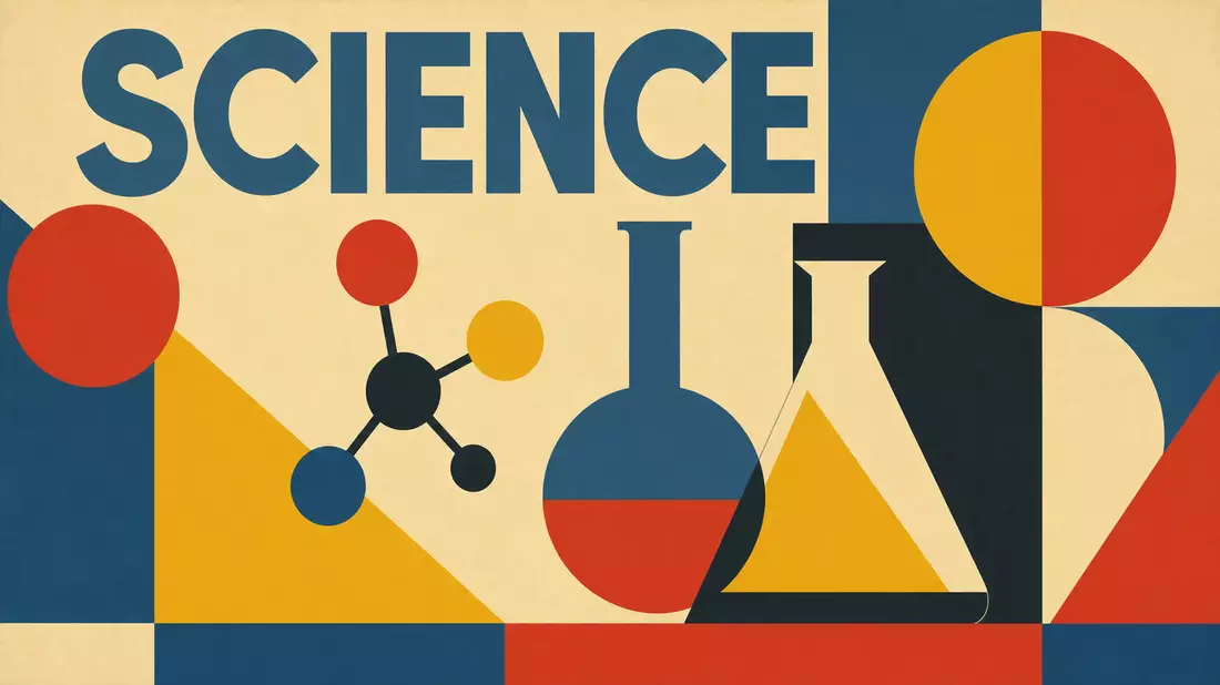 Bauhaus-Poster mit geometrischen Formen, Molekül und Schriftzug SCIENCE