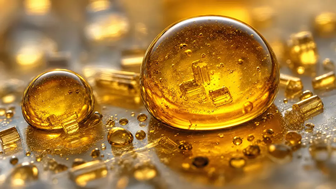 Makroaufnahme goldener Aromastoff-Öltropfen mit Vitaminkristallen auf Glas