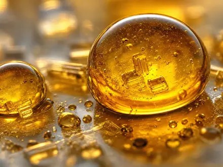dsm-firmenich AG (ISIN CH1216478797) stellt Aromastoffe her, als goldene Öltropfen in extremer Makroaufnahme gezeigt - Foto: THN
