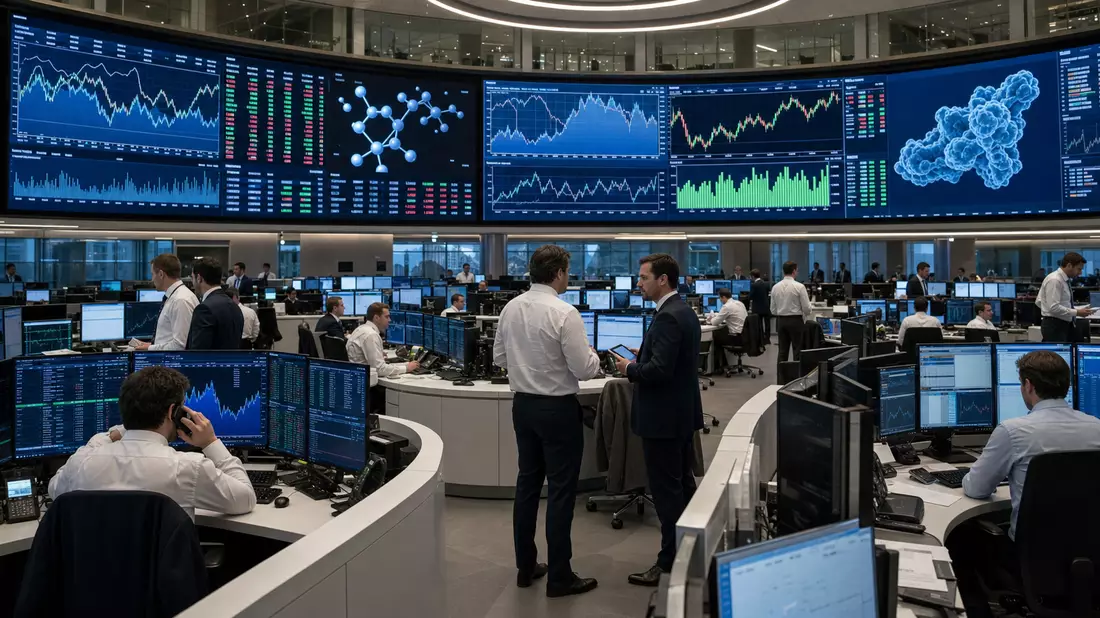 Börsen-Editorialfoto vom Trading-Floor mit Charts und Molekülgrafiken