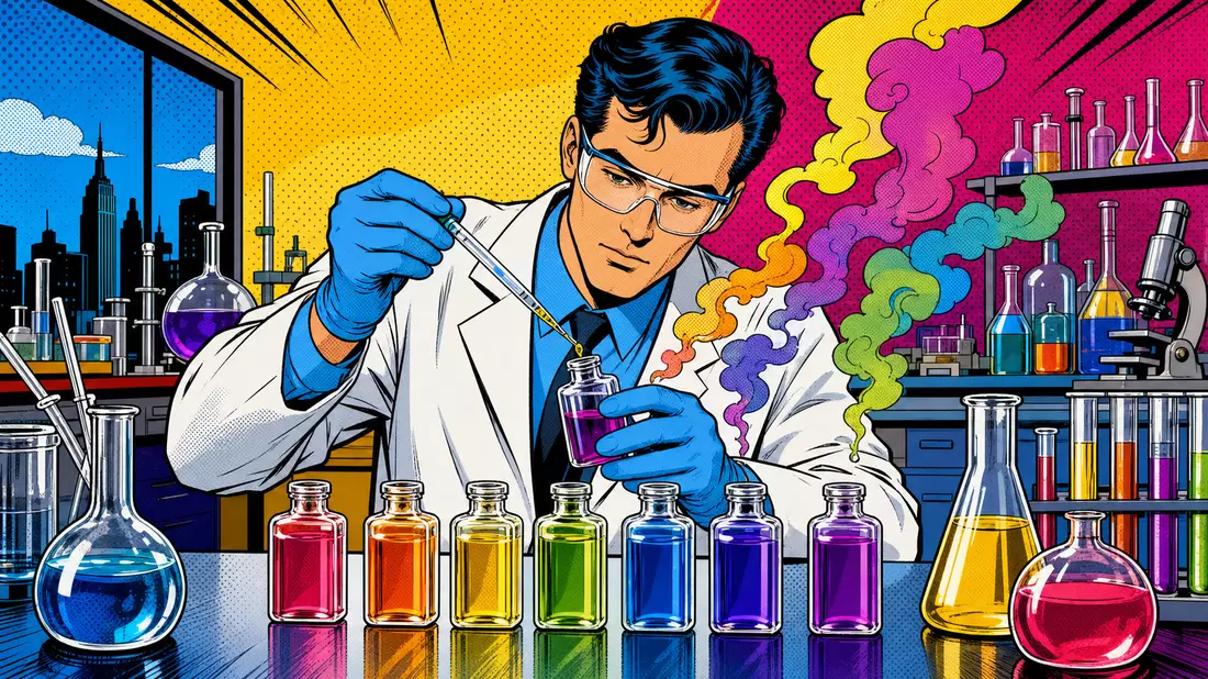 Pop-Art-Comic mit Wissenschaftler und bunten Duftstoff-Fläschchen im Labor