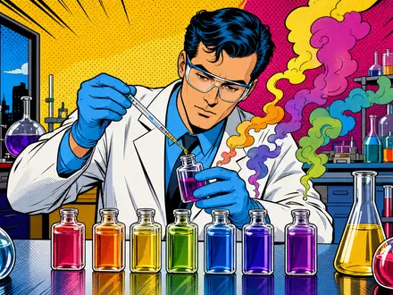dsm-firmenich AG (ISIN CH1216478797) wird als farbenfrohe Pop-Art-Comic-Szene mit Wissenschaftler und bunten Duftfläschchen inszeniert - Foto: THN