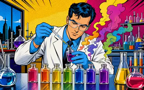 dsm-firmenich AG (ISIN CH1216478797) wird als farbenfrohe Pop-Art-Comic-Szene mit Wissenschaftler und bunten Duftfläschchen inszeniert - Foto: THN