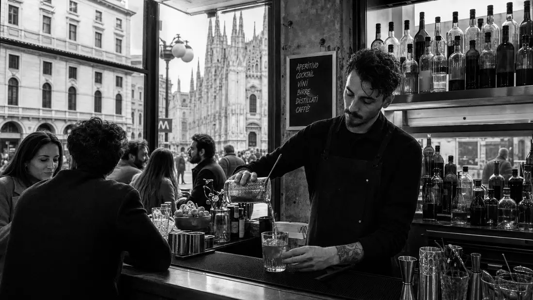 Schwarzweiß-Reportage einer Mailänder Bar mit Blick auf den Dom