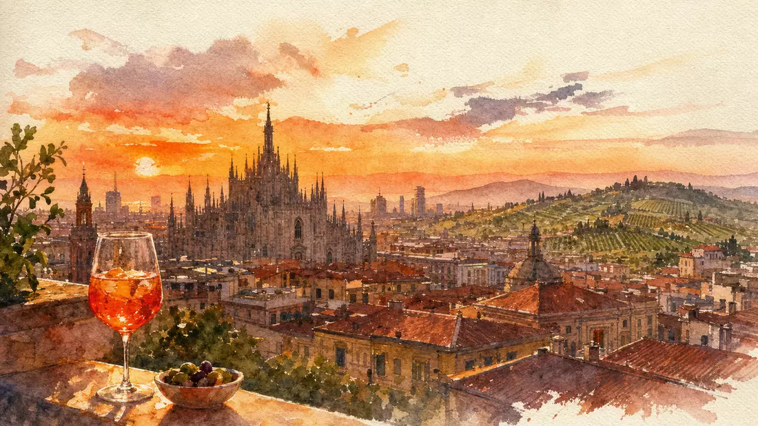 Aquarellmalerei der Mailänder Skyline mit Weinbergen bei Sonnenuntergang