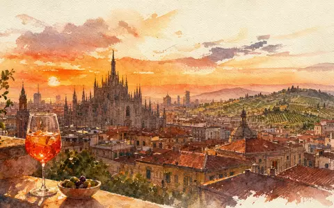Davide Campari-Milano N.V. (NL0015435975) präsentiert Aquarell-Ansicht der Mailänder Skyline mit Weinbergen und warmem Sonnenuntergangslicht - Foto: THN