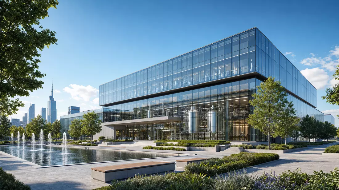 Architektur-Render eines modernen Glasgebäudes für Getränkeproduktion in Mailand