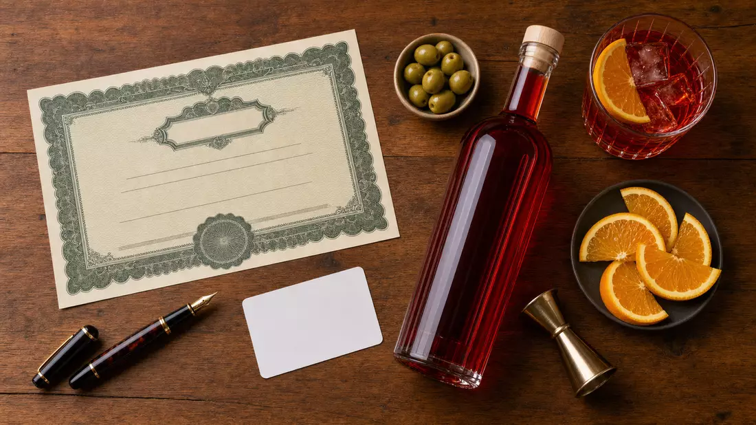 Flatlay mit Aktienzertifikat, ISIN-Karte und rotem Aperitif-Cocktail auf Holztisch
