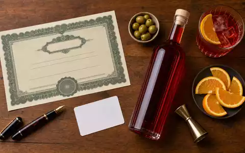 Davide Campari-Milano N.V. (NL0015435975) arrangiert Flatlay mit Aktienzertifikat, ISIN-Karte, unmarkierter Flasche und rotem Aperitif-Cocktail - Foto: THN
