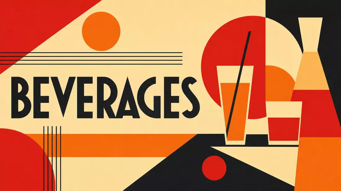 Geometrisches Bauhaus-Poster mit rot-orangen Formen und Getränke-Motiven
