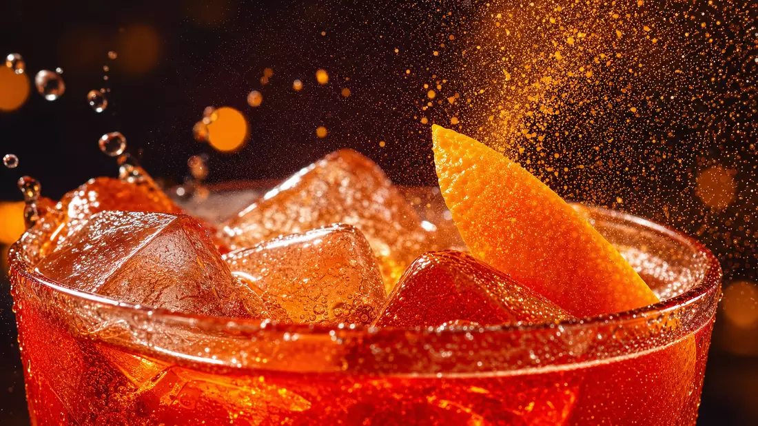 Makroaufnahme von Zitrusschale und Eiswürfeln in rotem Aperitif-Cocktail