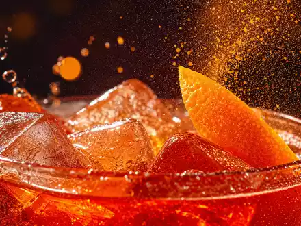 Davide Campari-Milano N.V. (NL0015435975) zeigt Makroaufnahme von Zitrusschale und Eiswürfeln in leuchtend rotem Aperitif-Cocktail - Foto: THN