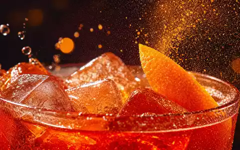 Davide Campari-Milano N.V. (NL0015435975) zeigt Makroaufnahme von Zitrusschale und Eiswürfeln in leuchtend rotem Aperitif-Cocktail - Foto: THN