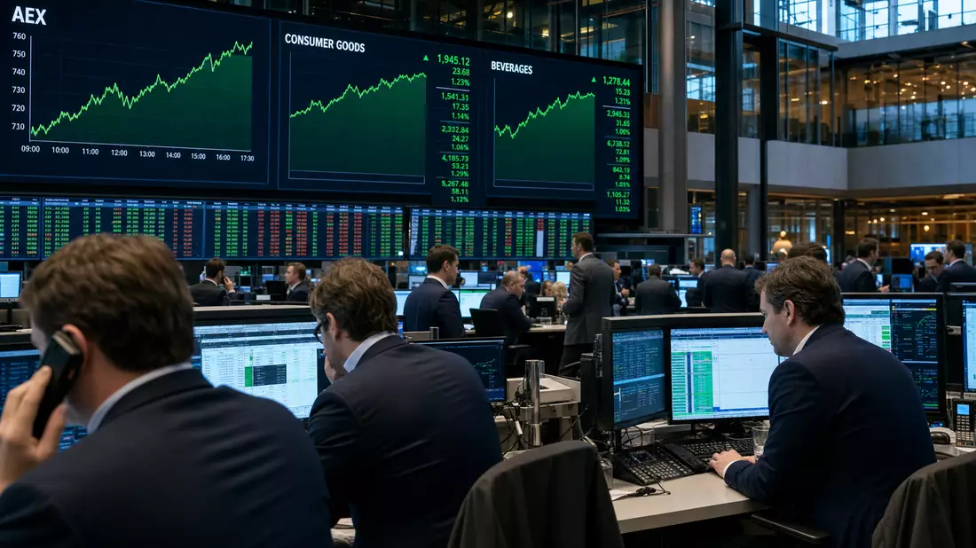 Börsen-Editorial mit Handelssaal, AEX-Index und Konsumgüter-Kurscharts