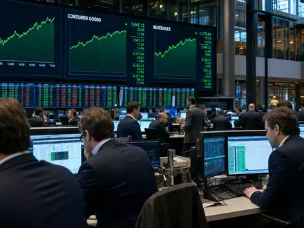 Davide Campari-Milano N.V. (NL0015435975) begleitet Börsen-Editorial vom Euronext-Amsterdam-Handelssaal mit AEX-Index und Konsumgüter-Charts - Foto: THN