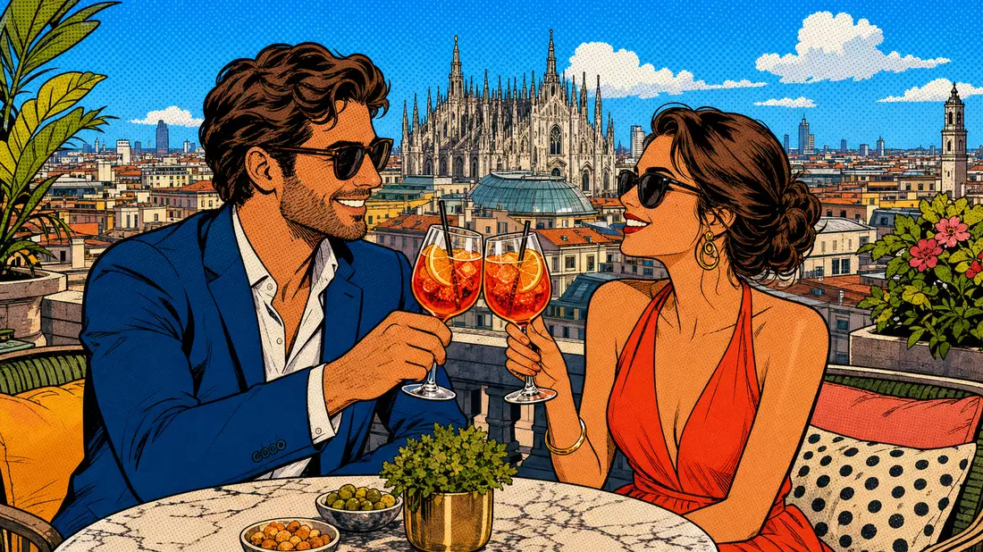 Pop-Art-Comic mit anstoßendem Paar und Cocktails auf Mailänder Dachterrasse