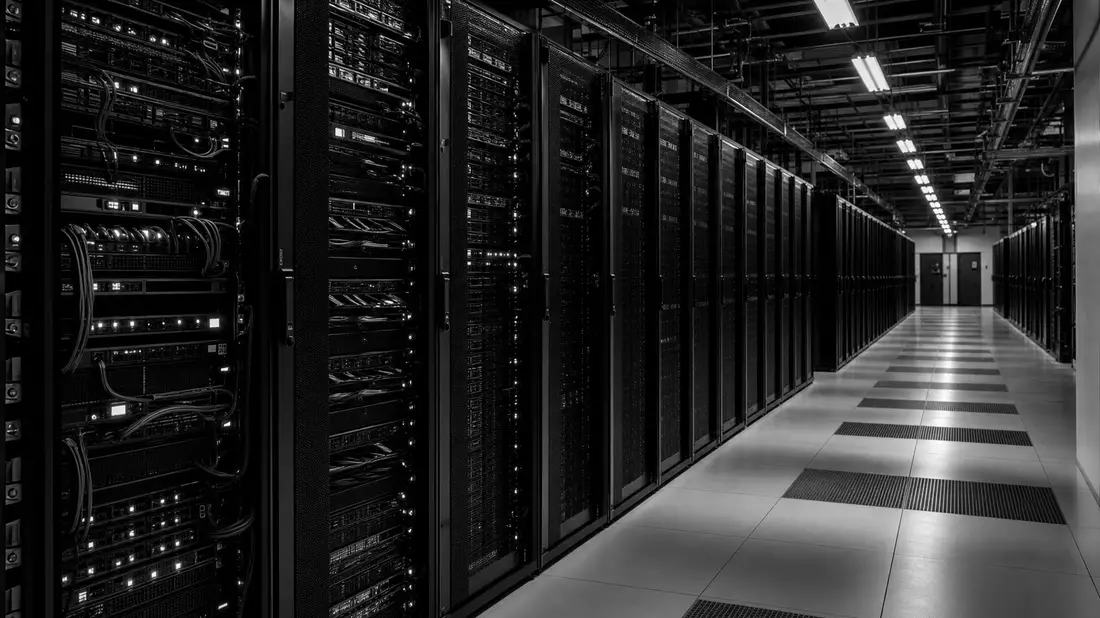 Dramatisches S/W-Foto endloser Serverreihen in einem Rechenzentrum-Gang