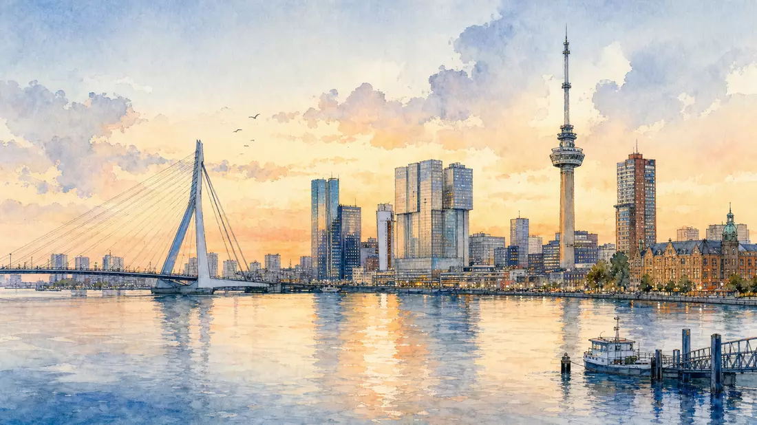 Aquarell-Panorama der Rotterdamer Skyline mit Brücke und Fernsehturm