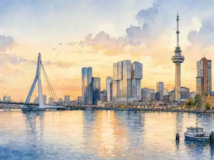 Aquarellgemälde der Rotterdamer Skyline mit Sendemast repräsentiert Heimatmarkt von Koninklijke KPN N.V. NL0000009082 - Foto: THN